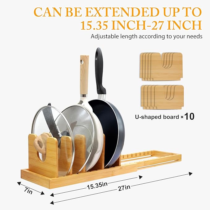 MinBoo Bamboo Expandable Pot Lid Organizer, Pot and Pan Organizer Drawer Organizer for Pot Lids, Adjustable 10 U-Shaped Dividers for Kitchen Cabinet Organizers and Storage (Bamboo-1)