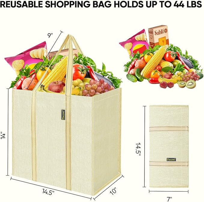BALEINE 4 PK Grocery Bags Reusable Shopping Bags with Reinforced Bottom, Heavy Duty Foldable Tote Bags (Beige)