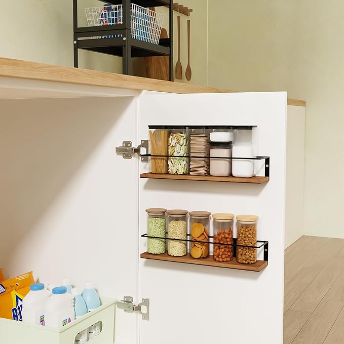 Spice Rack Self-Adhesive or drilling, Rustic Style Hanging Spice Rack, Spice Organization for Cabinet Door or Wall Mount, Over The Stove, Kitchen Wall, 2-Pack