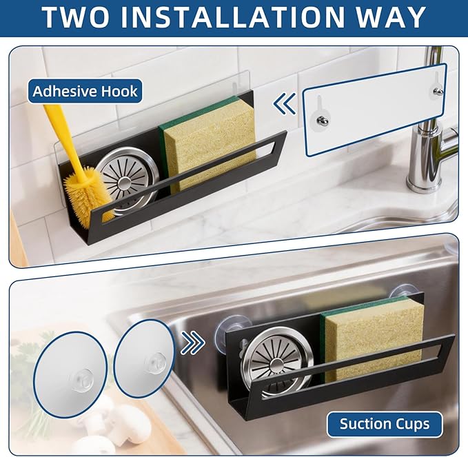 Sponge Holder for Kitchen Sink with Suction Cups & Adhesive Hook, Rustproof In-Sink Sponge Holder, Space-Saving Wall Hanging Sink Caddy Organizer Rack - Sponge, Dish Cloth, Brush - Stainless Steel