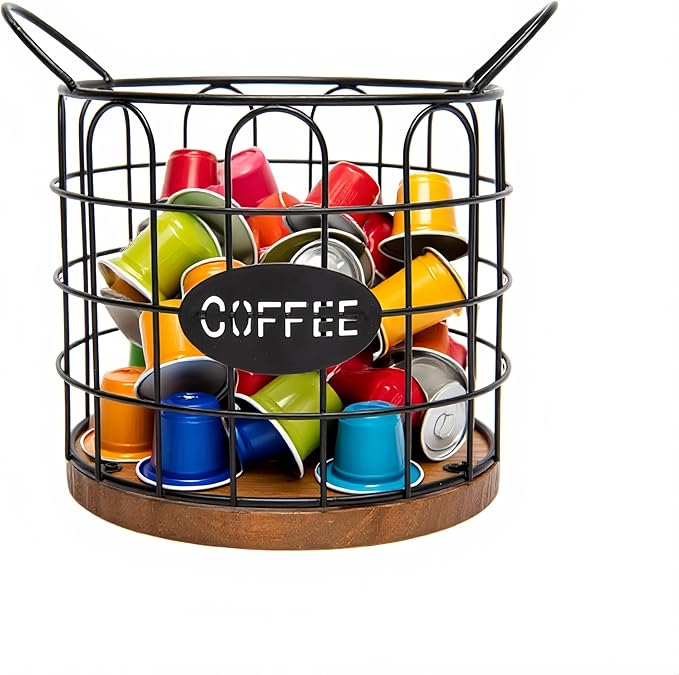 Coffee Pod Holder, Large Capacity K Cup Holder Organizer,Big Metal Capsule Storage Basket with Wooden Base, Coffee Bar Decor Station Accessories for Kitchen Counter Office Desktop (Black)