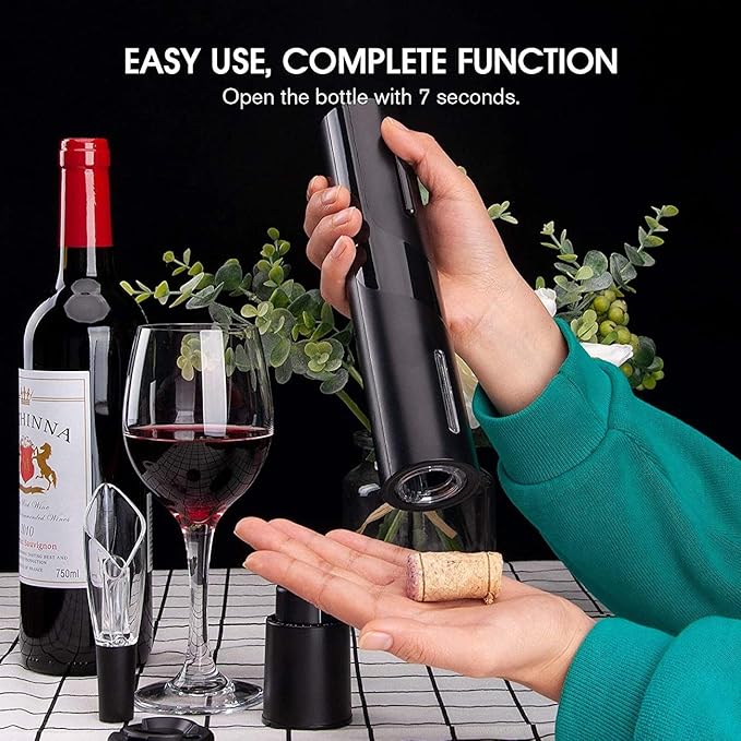 ueecool Electric Wine Opener Set, Automatic Corkscrew Set Contains Foil Cutter, Vacuum Stopper with Time mark, Wine Aerator Pourer (4 Piece Gift Set) with LED Light for Home Kitchen Party