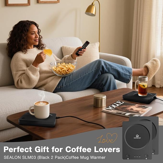 SEALON SLM03 Electric Coffee Mug Warmer (Black, 2 Pack) - 3-Temperature Desk Cup Warmer with Auto Shut-Off (4 Hours) for Heating Coffee, Tea, Milk & Beverages