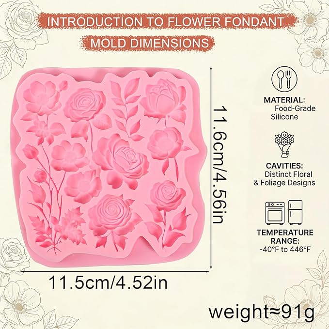 1 Pcs Beautiful Rose Silicone Mold, Food-Grade Romantic Floral Wedding Cake Decoration Fondant Mold, for Chocolate Candy Sugar Crafts Flower Paste Dough Chewing Gum Resin Crafts Plaster Clay