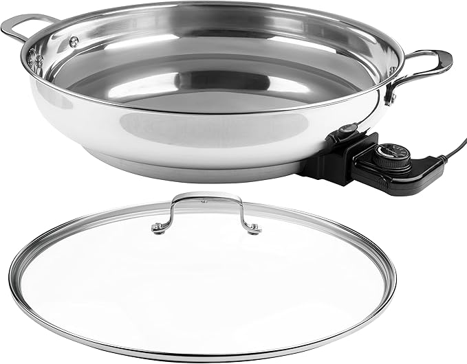 XL Electric 16" Skillet By CucinaPro- 18/10 Stainless Steel Frying Pan with Tempered Glass Lid and Handle, Round with Adjustable Temperature Control Probe, Portable, Includes Recipe Guide, Great Gift
