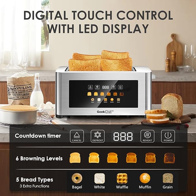 Geek Chef Long Slot Toaster 4 Slice, 1.5" Touch Screen Extra Wide Slots for Bagels & Waffles, 6 Browning Levels, Timer, Reheat, Defrost, Cancel Function, Removable Crumb Tray, Stainless Steel