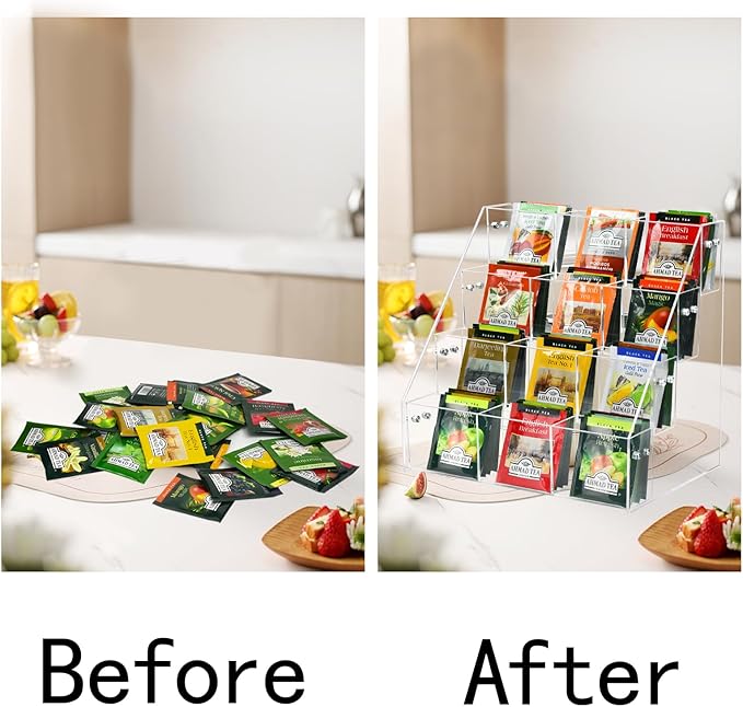 Tea Bag Organizer Holder, Acrylic Tea Packets Storage Box Container Display Stand Rack for Counter Cabinet Countertop Kitchen Office, 4 Tier