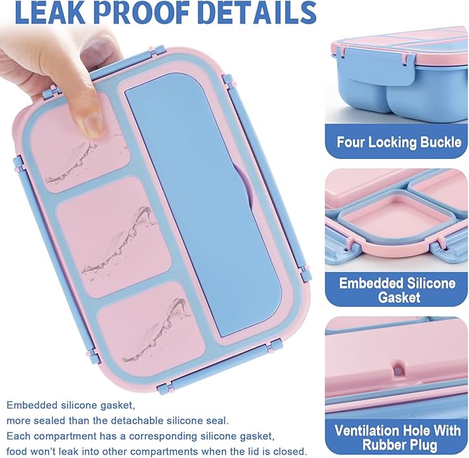 shell and turtle Bento Box Adult Lunch Box, Lunch Containers for Kids Girls Boys with 4 Compartments, Lunchable Food Container with Utensils, Sauce Jar, Muffin Liners, 40 Oz/5 Cup, Blue Pink