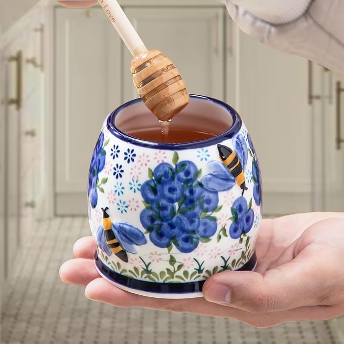 ZOOBEE 10oz Ceramic Honey Jar with Dipper and Lid,Handpainted Honey Pot with Natural Design, Small Portable Honey Container for Kitchen, Picnic-Blueberry Breeze