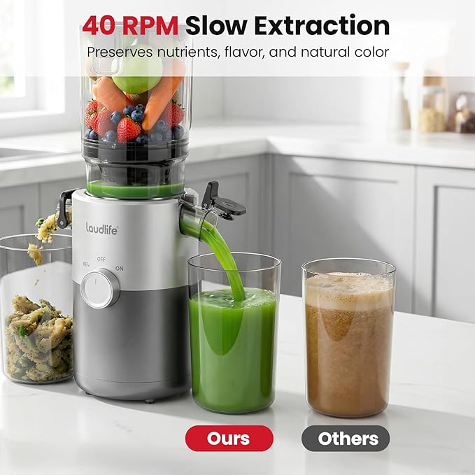 LAUDLIFE Cold Press Juicer Machines, 5.4" Wide Chute Slow Masticating Juicer, 35db Quiet Operation, Easy to Clean, Kale/Spinach Friendly, BPA Free, Juicer Extractor for Whole Fruits & Vegetables