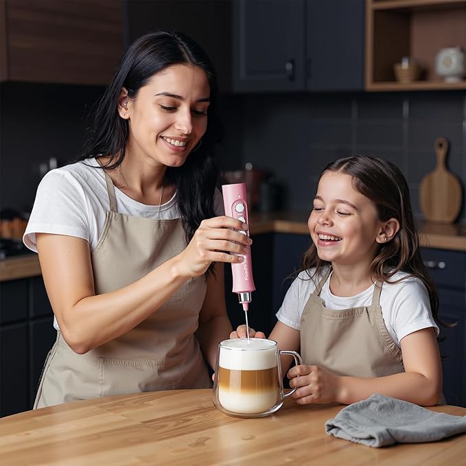 FoodVille MF02 Rechargeable Milk Frother Handheld Foam Maker with Stainless Whisk for Cappuccino, Latte, Bulletproof Coffee, Keto Diet, Protein Powder, Matcha (Coral Pink)
