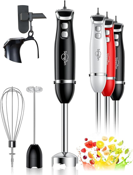 Sangcon Immersion Blender Handheld, 3-in-1 Hand Blender Electric, 400W Handheld Licuadora de mano, Stainless Steel Blade Stick Mixer with Whisk, Milk Frother Attachments - Black