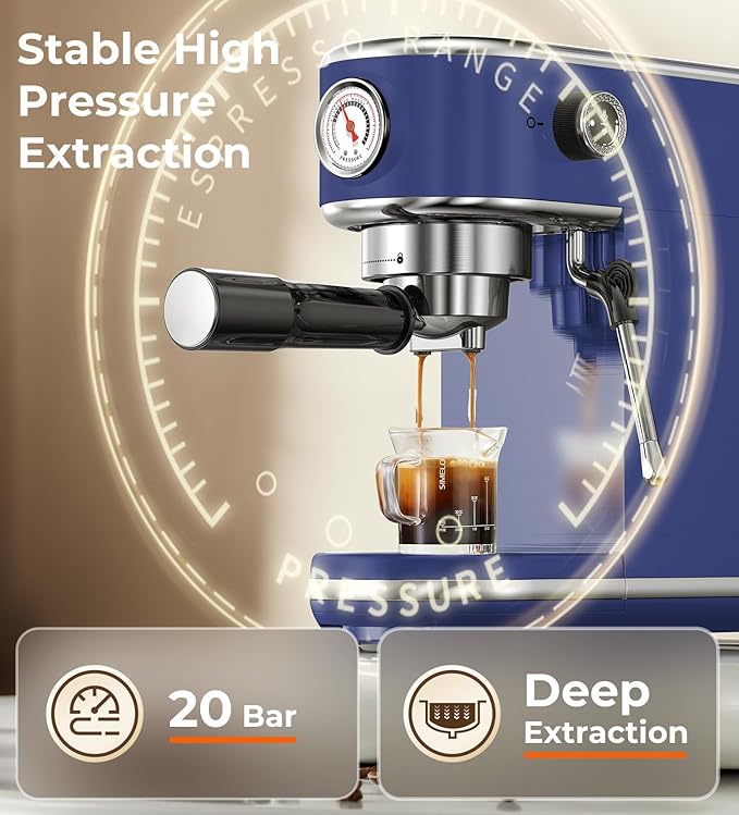 atatix 20 Bar Espresso Machine with Milk Frother, Compact Espresso Maker, Stainless Steel Coffee Machine with Precise Temp Control & 44oz Removable Water Tank for Latte, Cappuccino, Dark Blue