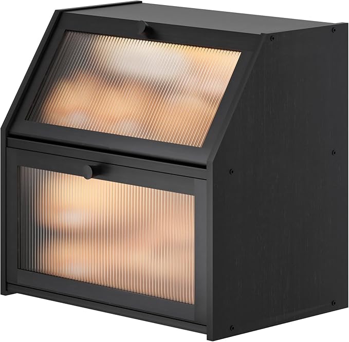 Extra Large Black Bread Box for Kitchen Counter, Large Bamboo Wood Double Layer Bread Box, Wooden Bread Storage Capacity