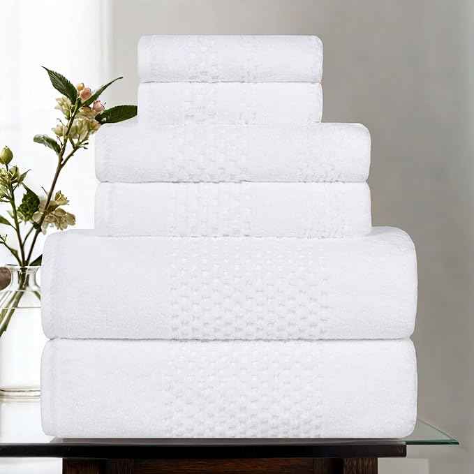 Superior Playa Zero Twist Cotton Medium Weight Towels, for Guest Bath, Bathroom, Shower, Spa, Plush, Quick Dry, Ultra-Soft Towels, Bath Essentials, Waffle Textured, 6 Piece Assorted Towel Set, White