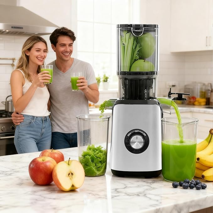 OLIXIS Cold Press Juicer, Masticating Juicer Machines with Wide Feed Chute, High Juice Yield and Easy to Clean for Whole Vegetables & Fruits, Silver