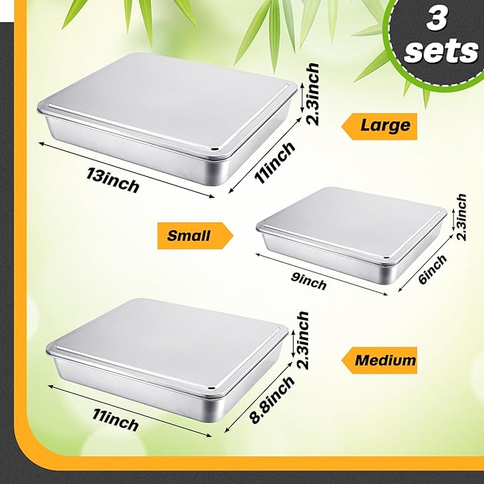 Tioncy 3 Set Stainless Steel Cake Pan with Lid 13/11/9 Inch Rectangle Sheet Baking Pan with Covers Bakeware with Lids for Cakes Breads Casseroles Fish Vegetables and More