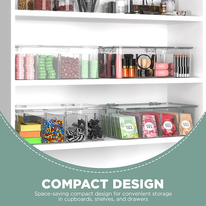 Utopia Home - Tea Bag Organizer With Lids, (1 Pack) Clear Pantry Storage Box - Stackable Partition Organizers or Holder With Lids For Drawers, Countertops, Fridge, Kitchen, Snack & Spice Organization