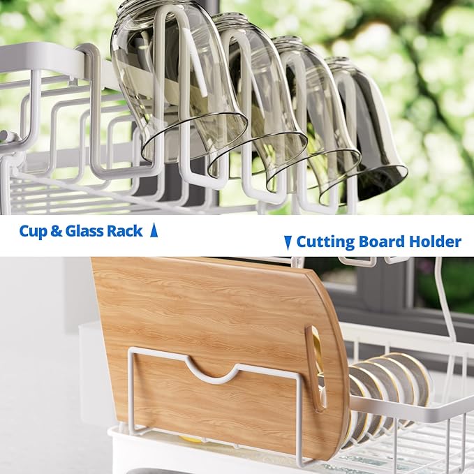 Godboat Dish Drying Rack, 2-Tier Dish Rack with Auto-Drain & Mat, Dish Racks for Kitchen Counter, Dish Drainer with Knife, Fork & Cup Rack, Gifts for Women, Mothers Day, Kitchen Gadgets, White