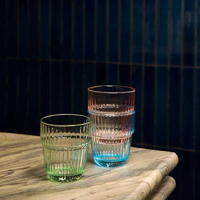 Bormioli Rocco Barshine 10.38 oz. Rocks Stackable Tempered Drinking Glasses, Set of 6, Ice Blue