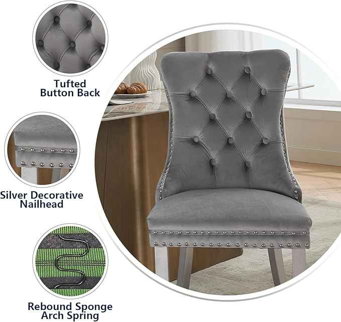 Velvet Dining Chairs Set of 4, Kitchen & Dining Room Chairs, Upholstered Dining Chairs with Back Ring Pull and Silver Solid Wood Legs, Modern Tufted Kitchen Chairs for Dining Room, Light Grey