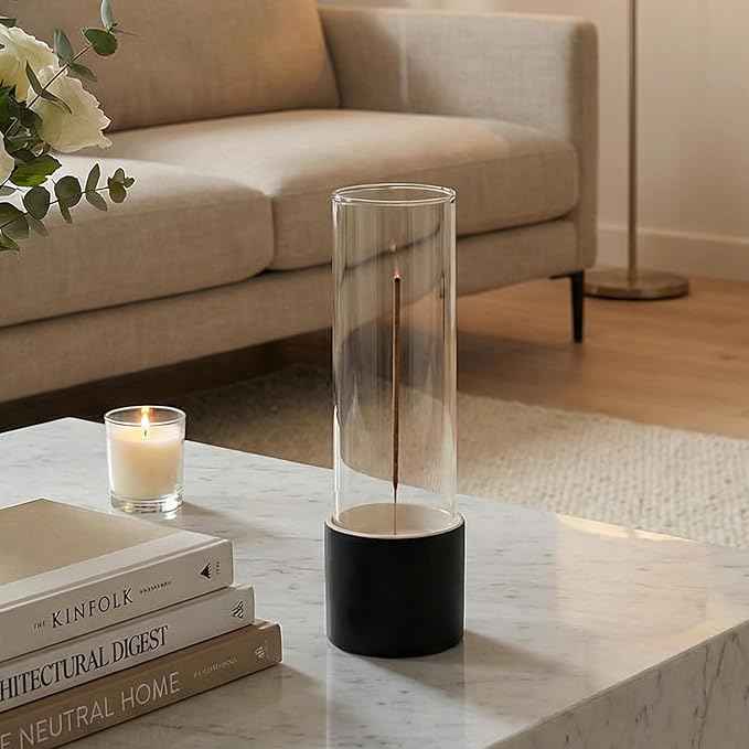 CEREMONY Incense Holder, Ceramic Incense Holder for Sticks with Glass Ash Catcher, Anti-ash Incense Burner with 20 Incense Sticks and a Ash Brush for Meditation Yoga Spa Room Decor (Black)