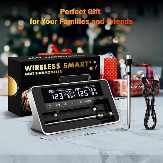 Meat Thermometer Wireless with 2 Probes, 800FT Bluetooth Digital Thermometer with Smart APP, Temp Precise Improved by 100%, Instant Read Food Thermometer with Alerts for Oven Smoker BBQ Grill
