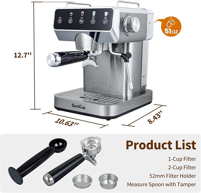 Expresso Coffee Machines with Touchscreen 20 Bar Professional Espresso Maker with Milk Frother & Hot Water, Stainless Steel Coffee Maker for Latte Americano, Cappuccino Machine for Home Office