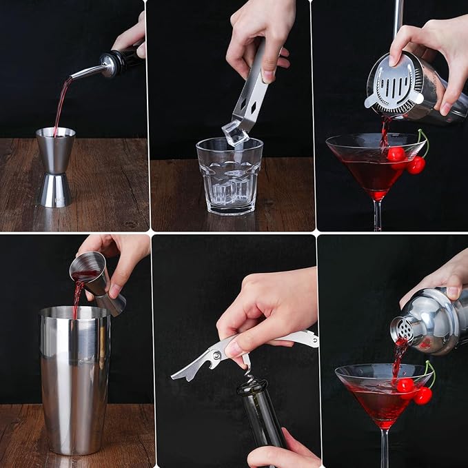 Cocktail Shaker Set Bartender Kit, Godmorn 15Pcs Bartender Shaker Set, 304 Stainless Steel Martini Shaker and Strainer, Bar Tool Set with Bamboo Stand, Recipe Book, for Home and Bar Party