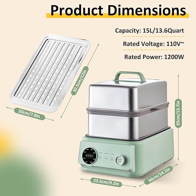 15.9QT Electric Food Steamer, 3 Tier Food Steamer for Cooking, 1200W Stainless Steel Steamer, Large Capacity Hot Pot, 9 Time Settings, for Home, Restaurant, Party (Green)