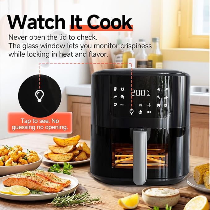 QIDO Air Fryer – 5.5 QT Compact Airfryer for Quick Meals in Minutes, 180°- 450°F Precision Heating, Easy-View Window, Touchscreen Controls with Auto Menus, Nonstick & Dishwasher Safe Basket - Black