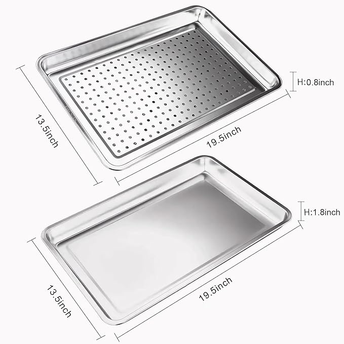 2-Pack Large 304 Stainless Steel Baking Pan Set (19.5"x13.5") - Non-Toxic Heavy Duty Commercial Grade Deep Sheet Pan, 1 Solid & 1 Perforated Pans for Roasting, Defrosting, Draining, Cooling