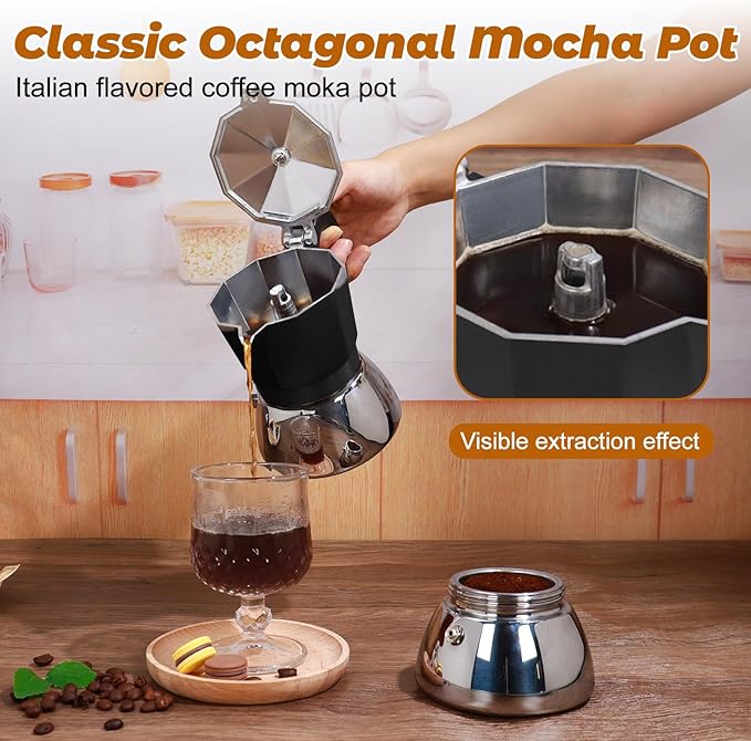 No Coating 4 Cup Aluminum and Stainless Steel Moka Pot Stovetop Espresso Maker Italian Coffee Machine 220ml 7.44oz Suitable for Gas Induction Stovetop Greca Coffee Maker Percolator Black