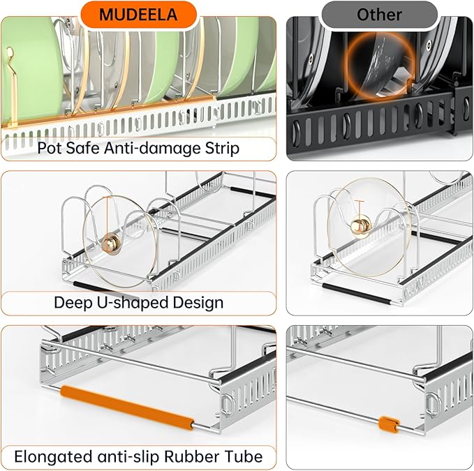 MUDEELA Pots and Pans Organizer Rack for under Cabinet, Expandable Pot Lid Kitchen Cabinet Organizer Holder with 10 Adjustable Compartment Cutting Board Organizer for Pan Lid Cookie Sheet Rack, Silver
