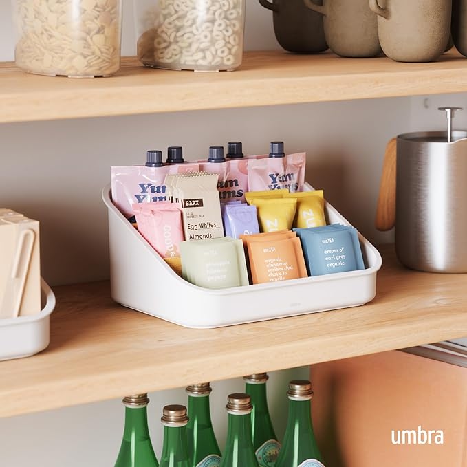 Umbra Bellwood Packet Organizer, Divided Tray for Pantry Ingredients and Other Small Items, Made of Durable Plastic and Wood, Natural/White