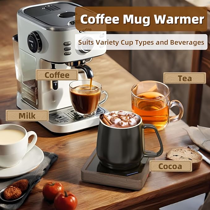 Coffee Mug Warmer with 2 USB Charging Ports: Auto Shut-Off Candle Wax Warmer - Heated Beverage Coffee Accessories for Home Office Desk - U1 Wood