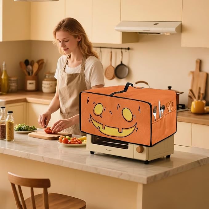 Air Fryer Toaster Oven Cover Fabric Convection Oven Cover with Pockets, Washable Small Appliance Dust Protection, M, Cartoon Pumpkin Face Pattern Halloween Decor