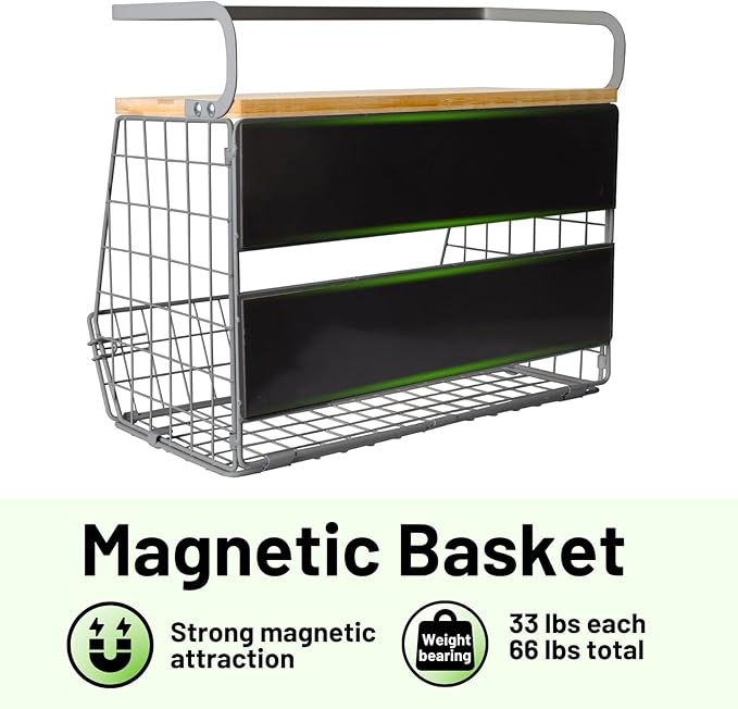 Ofiray-home Magnetic Fridge Shelf with Wood Lid, Fruit Potato Onion Storage Bins, Pantry Organizers, Large Container Spice Rack for Refrigerator, Kitchen Counter, Cabinet (2, Silver)