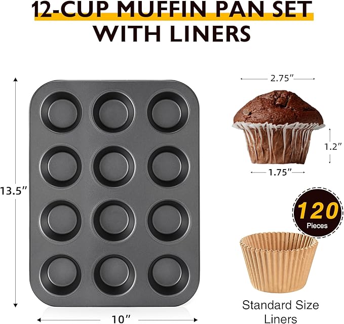 HONGBAKE Muffin Pans with 120 Natural Liners, Nonstick 12 Cup Cupcake Baking Tray, Premium Standard Size, 2 Pack, Dark Grey