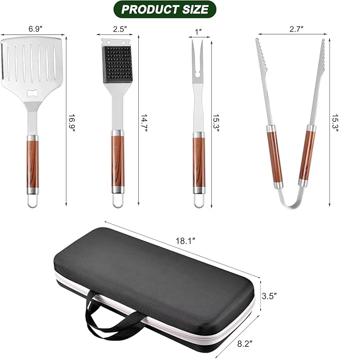 Grilling Accessories Set Large Spatula Fork Cleaning Brush Food Tongs Durable Stainless Steel BBQ Grill Tools with Extra Thick Storage Case BBQ Accessories Grill Set