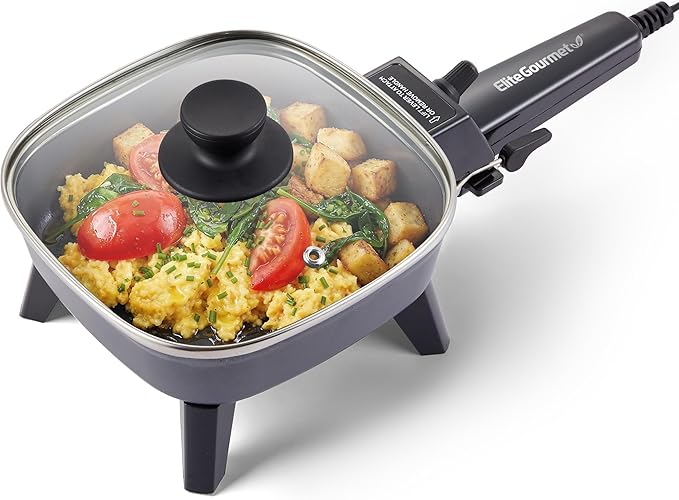 Elite Gourmet EFS059 Personal Electric Skillet, 7” Compact Portable Cooker, Adjustable Temperature, 600W Rapid Heating, Nonstick Surface, Tempered Glass Lid, Removable Handle, Black