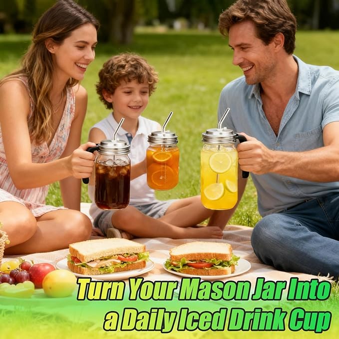 Palksky Mason Jar Lids with Straw Hole Wide Mouth, Stainless Steel Drinking Lid with Handle & Silicone Rings, Spill-Resistant Mason Jar Straw Lid for Iced Coffee, Juice, Lemonade (2 Packs)