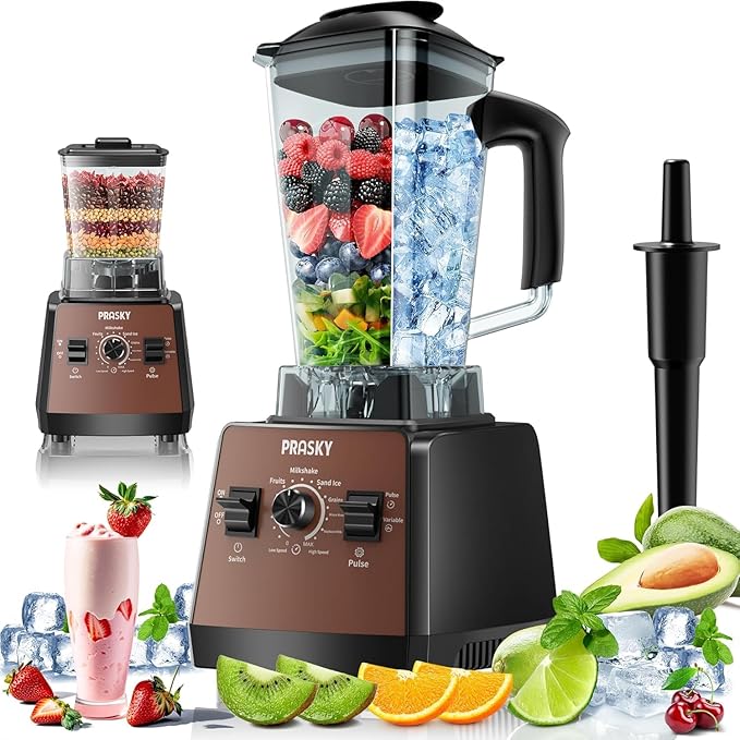 Blenders for Kitchen, Smoothie Blender, 2400W/1000W Prasky Blender & Grinder Combo, 25,000 RPM High Speed, 68oz BPA-Free Food Processor, Countertop Blender for Smoothies, Shakes & Food (Brown, 2L)