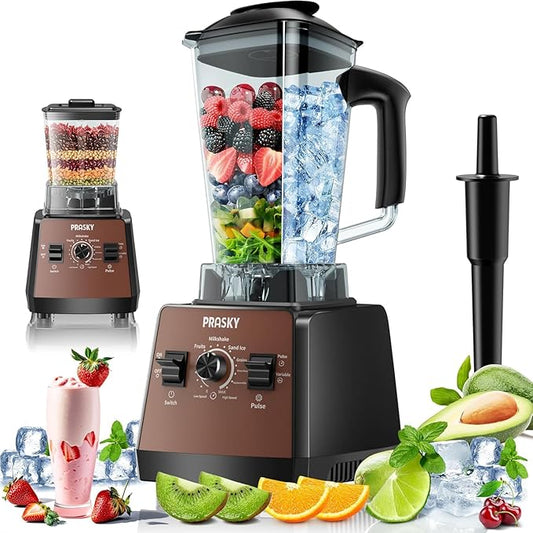 Blenders for Kitchen, Smoothie Blender, 2400W/1000W Prasky Blender & Grinder Combo, 25,000 RPM High Speed, 68oz BPA-Free Food Processor, Countertop Blender for Smoothies, Shakes & Food (Brown, 2L)