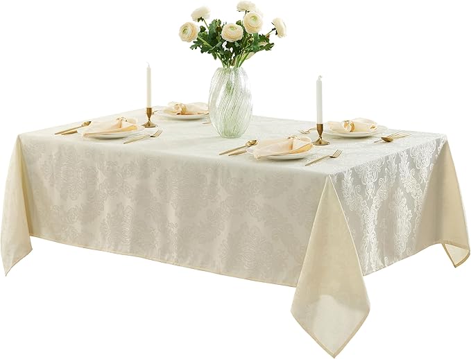 Newbridge Barcelona Luxury Damask Fabric Tablecloth, 60” Wide x 120” Rectangle, Antique White, 100% Polyester, No Iron, Soil Resistant Dining Room, Party and Banquet Table Cover