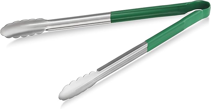 New Star Foodservice 35810 16-Inch Utility Spring Tongs, Stainless Steel, Vinyl Coated, Set of 12, Green