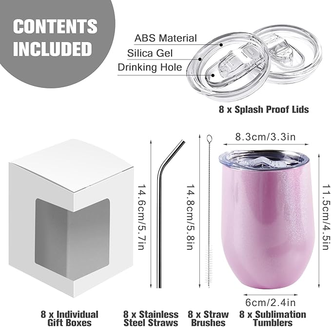 BetterSub 8 Pack 12oz Glitter Pink Wine Tumblers - Double Wall Insulated Sublimation Blanks, Stainless Steel Cups With Lid, Metal Straw, Brush, Display Box (Glitter Pink)