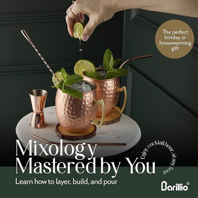 Barillio Moscow Mule Mugs Set - 2 Stainless Steel, Copper-Plated Cocktail Mugs with Bamboo Stand - Food-Safe, Moscow Mule Kit with Copper Cups, Drinking Straws and Mixing Spoon - 2 x 18 Oz