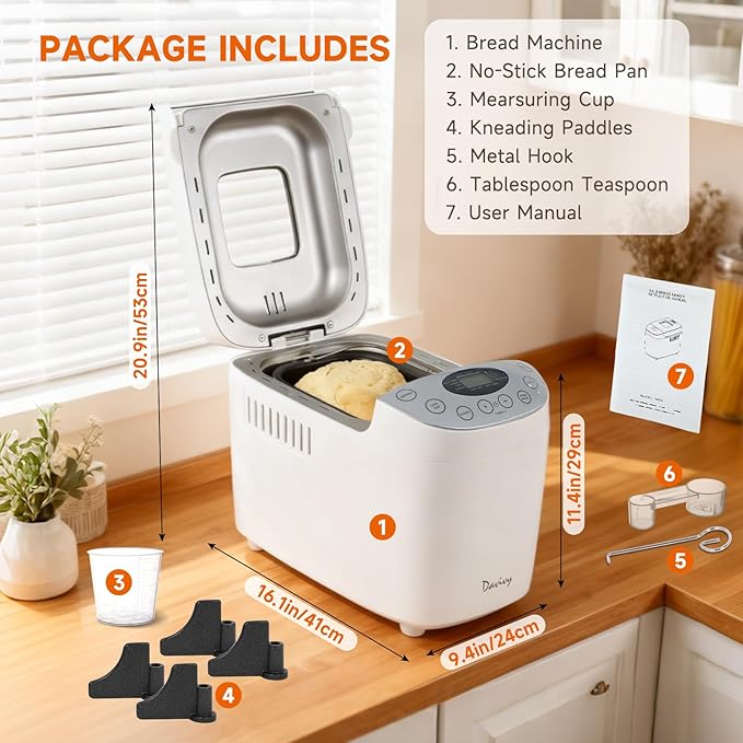 Davivy Bread Maker Machine with 2 Dough Kneading Paddles,15-in-1 Automatic Large Capacity Bread Machine Nonstick Bowl For Bread, Jam& Yogurt, 3 Loaf Sizes and 3 Crust Settings