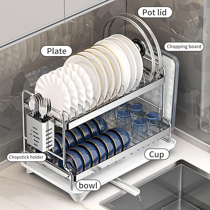 Dish Drying Rack, Double Layered countertop Kitchen Organizer with Drainage Large Bowl Rack and Storage Rack with Drainage Board, Suitable for Kitchen Bars (Silver)